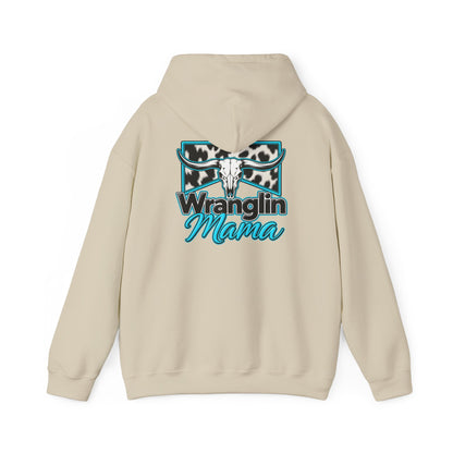 Wranglin Mama Hoodie - Western Cow Skull & Leopard Print Pullover for Cowgirl Moms