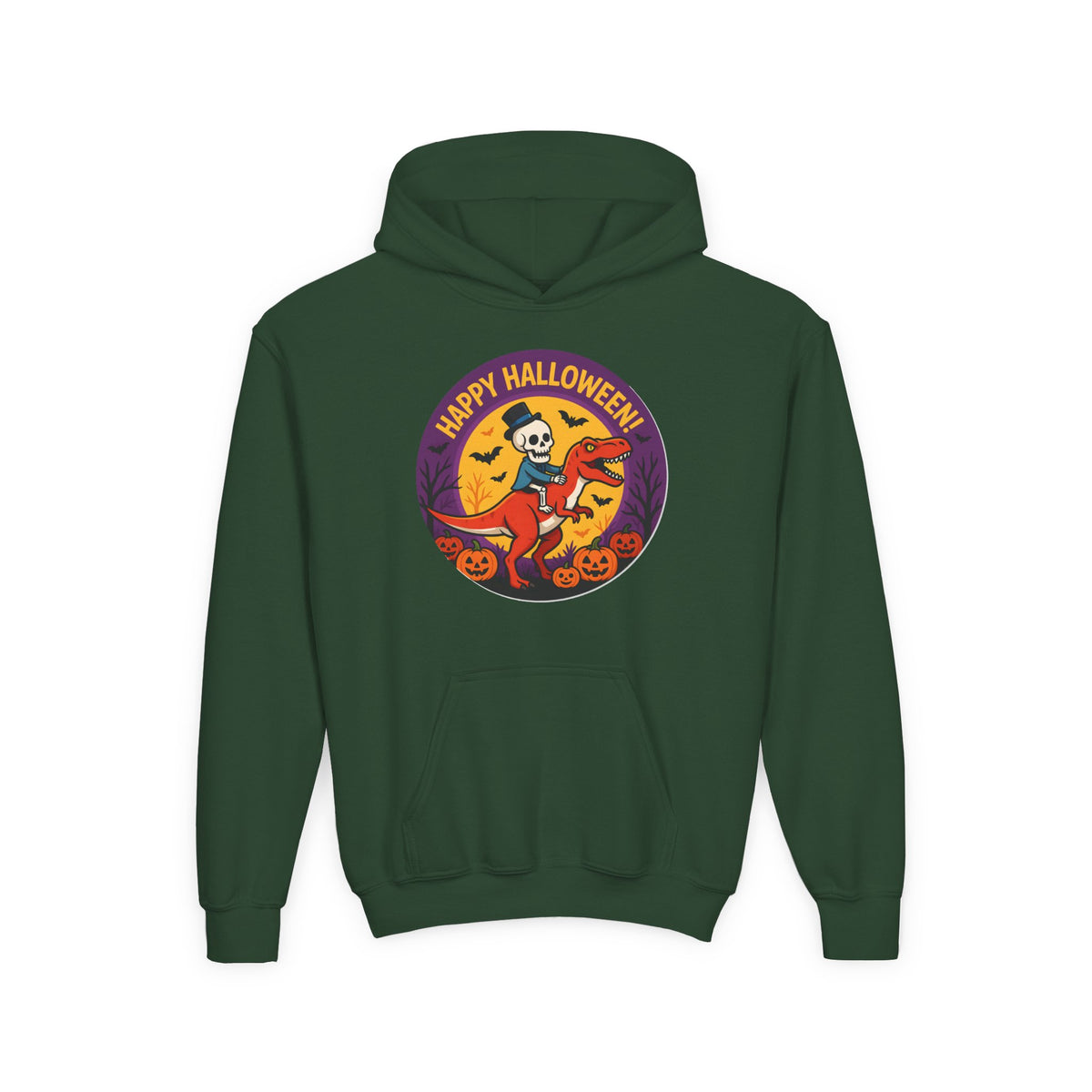 Youth Halloween Hoodie — 'Happy Halloween' Skeleton Riding Dinosaur Kids Sweatshirt