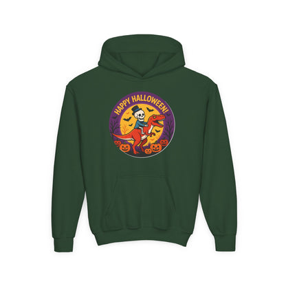 Youth Halloween Hoodie — 'Happy Halloween' Skeleton Riding Dinosaur Kids Sweatshirt