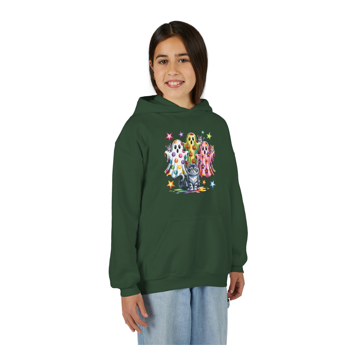 Youth Hoodie — Colorful Polka Dot Ghosts & Cat Halloween Sweatshirt