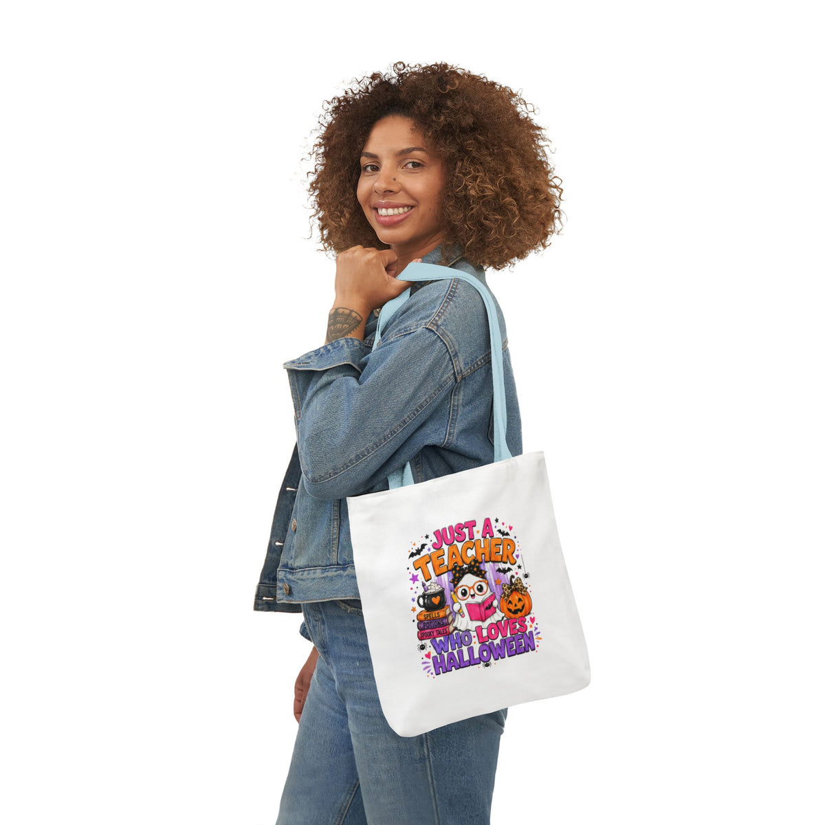 Halloween Teacher Tote Bag — "Just a Teacher Who Loves Halloween" Canvas Tote