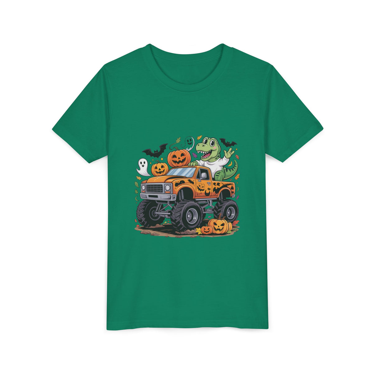 Kids Halloween Monster Truck Tee - Cute Pumpkin, Ghost & Dinosaur Truck Design