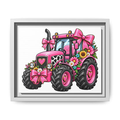 Pink Floral Tractor Matte Canvas Framed Wall Art