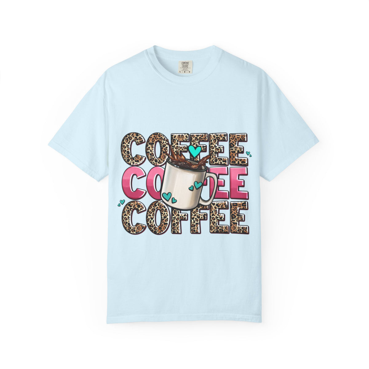 Coffee Lover T-Shirt — Leopard Print & Pink Heart Coffee Mug Design