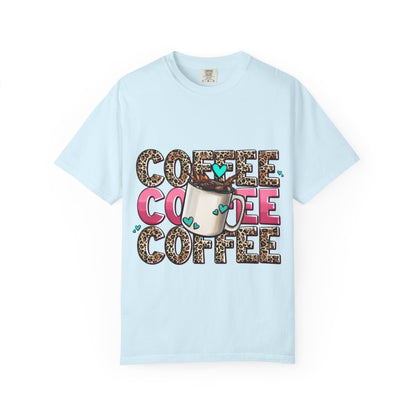 Coffee Lover T-Shirt — Leopard Print & Pink Heart Coffee Mug Design