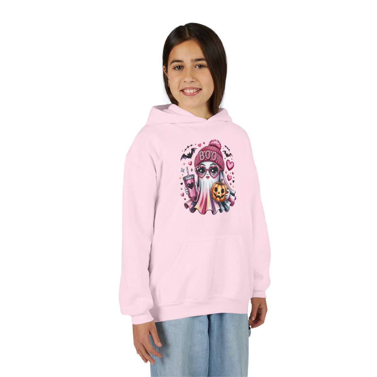 Youth Halloween Ghost Hoodie – Pink ‘Boo’ Skull with Pumpkin & Hearts