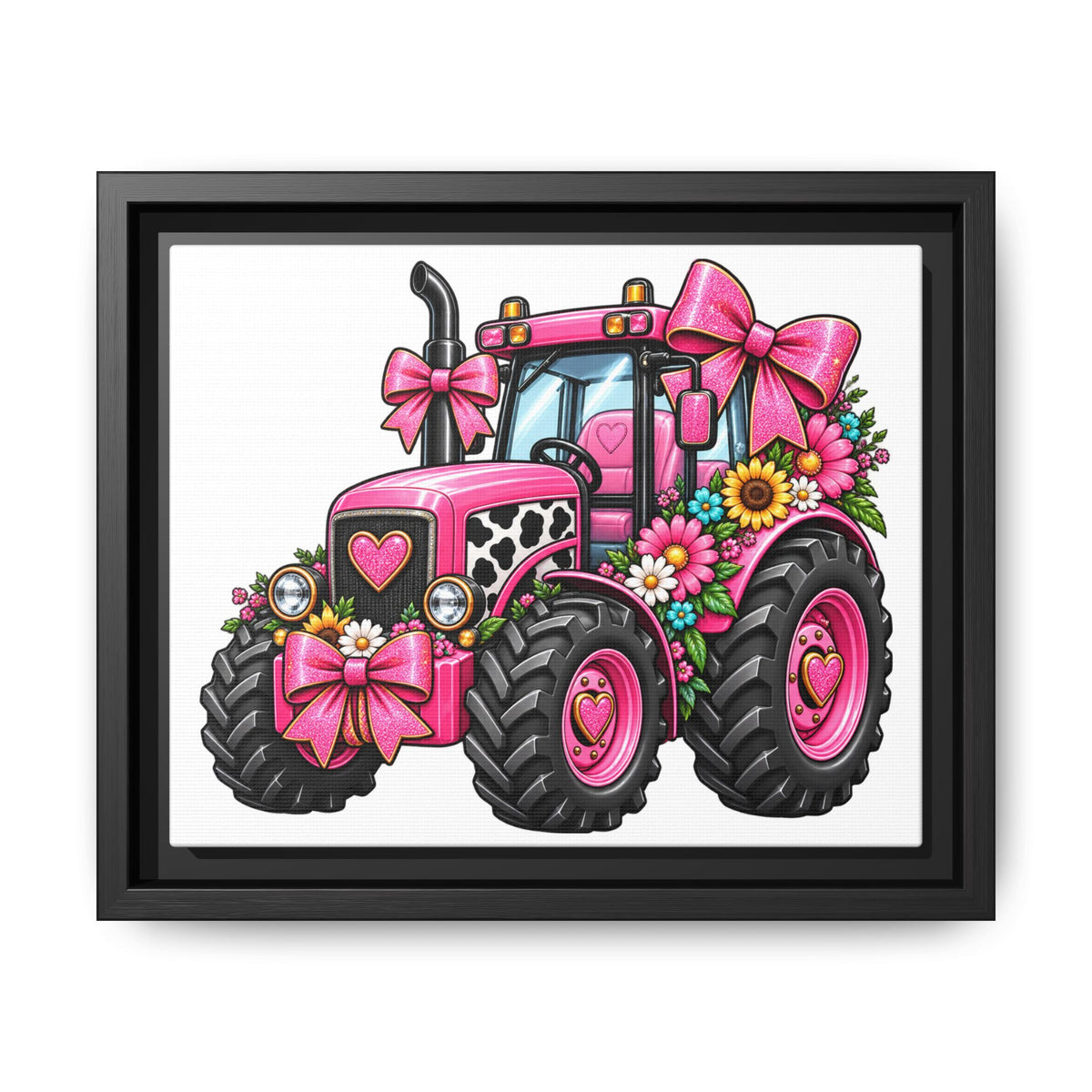 Pink Floral Tractor Matte Canvas Framed Wall Art