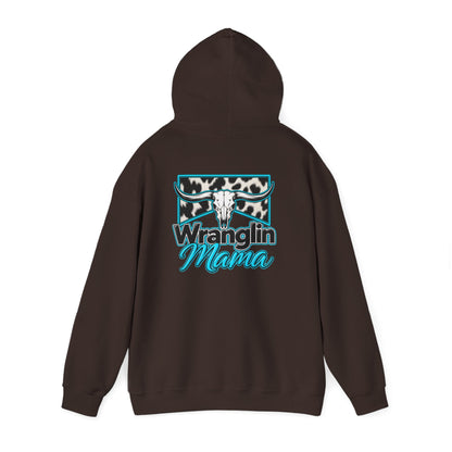 Wranglin Mama Hoodie - Western Cow Skull & Leopard Print Pullover for Cowgirl Moms