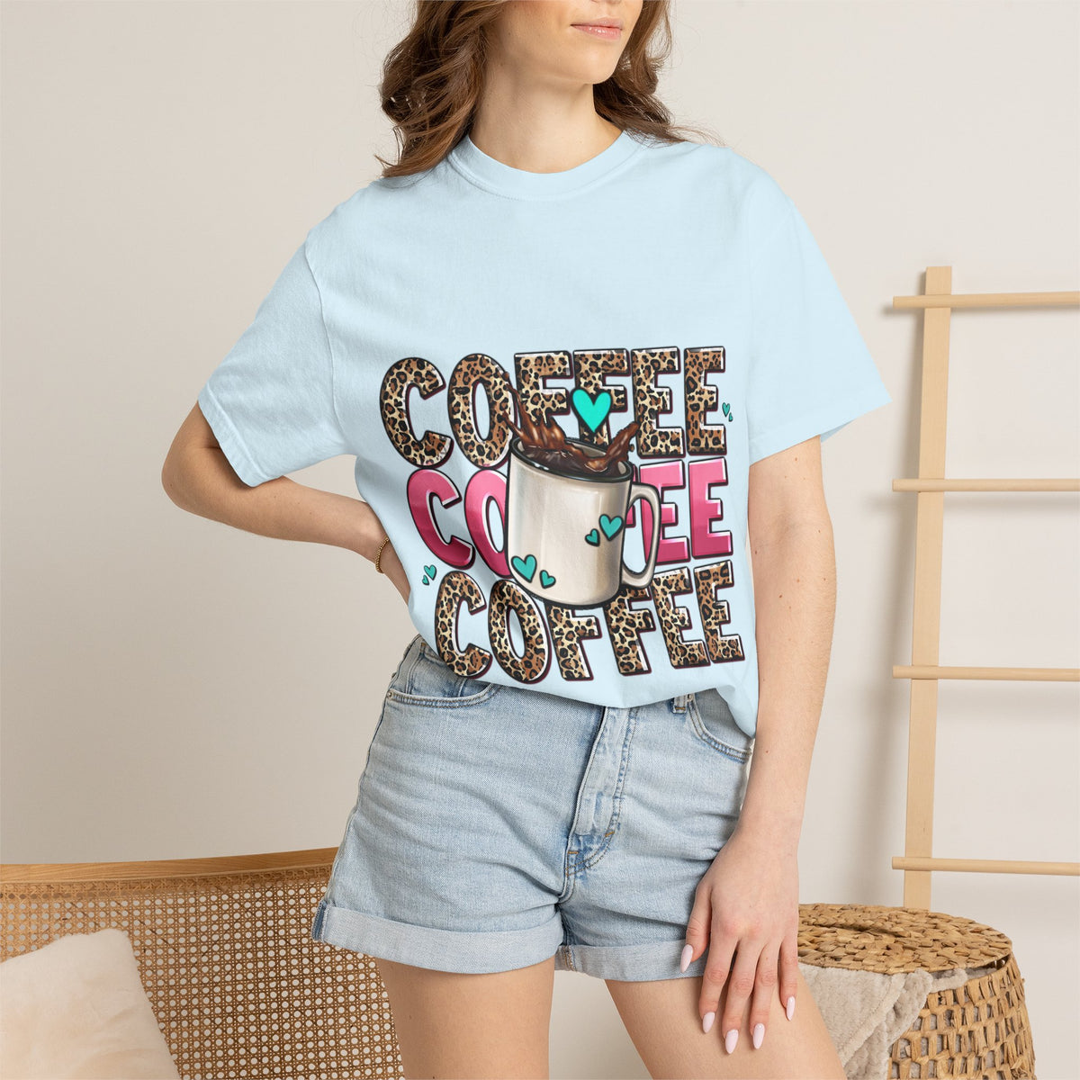 Coffee Lover T-Shirt — Leopard Print & Pink Heart Coffee Mug Design