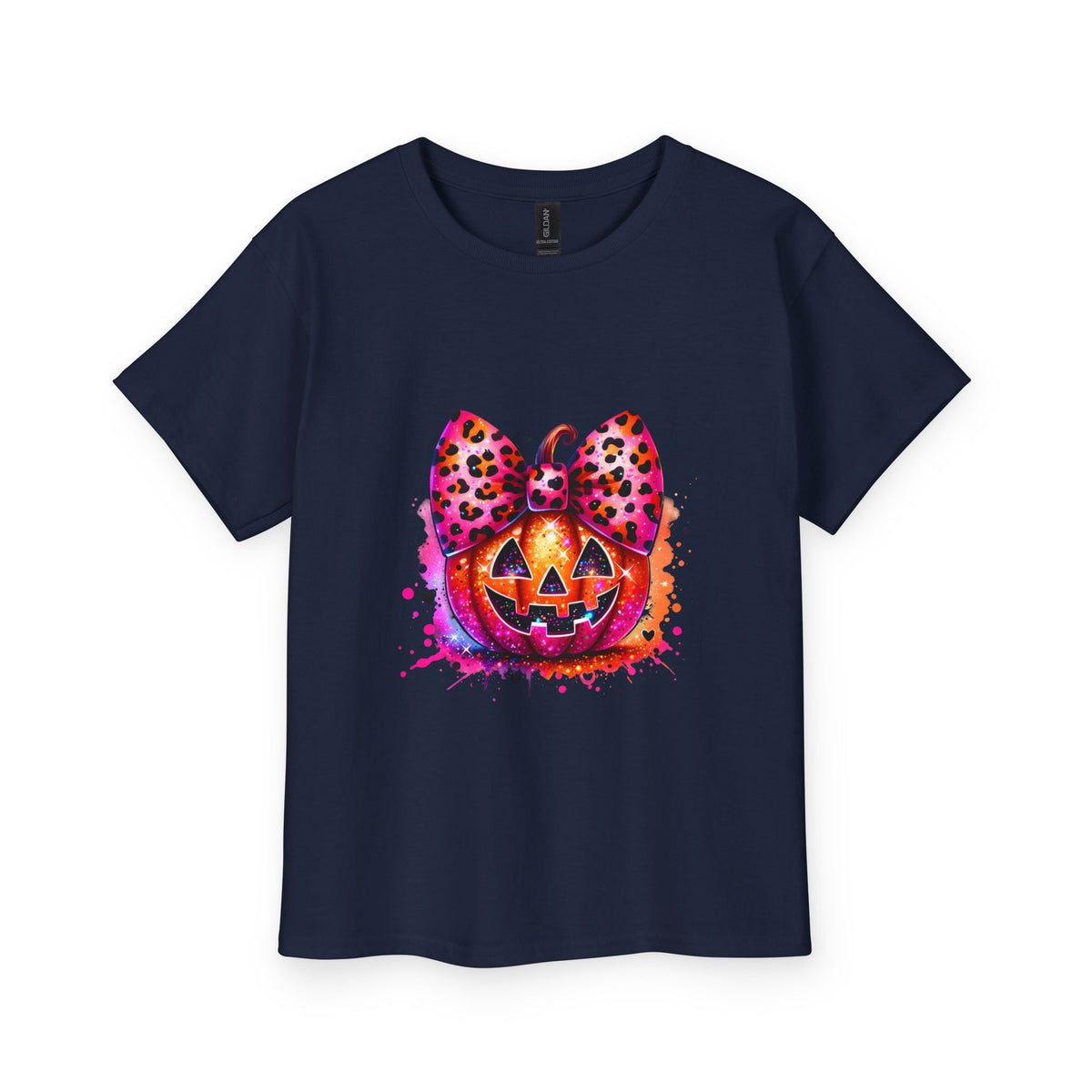 Youth Halloween Pumpkin Tee — Leopard Bow Jack-O'-Lantern Kids Shirt