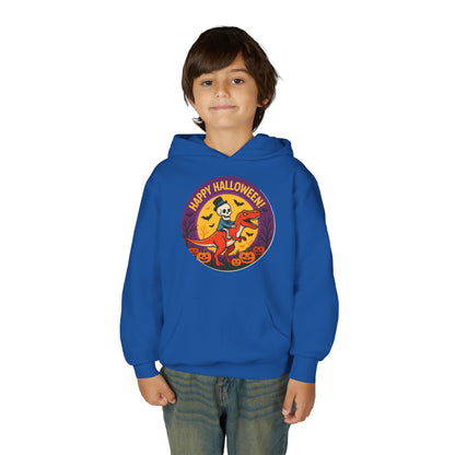 Youth Halloween Hoodie — 'Happy Halloween' Skeleton Riding Dinosaur Kids Sweatshirt