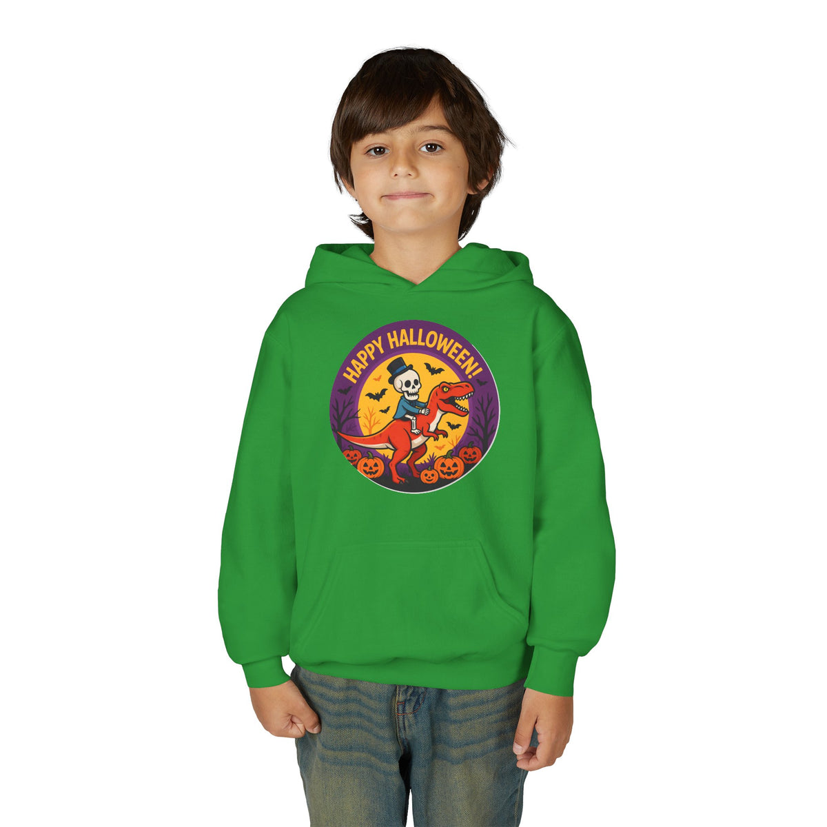 Youth Halloween Hoodie — 'Happy Halloween' Skeleton Riding Dinosaur Kids Sweatshirt