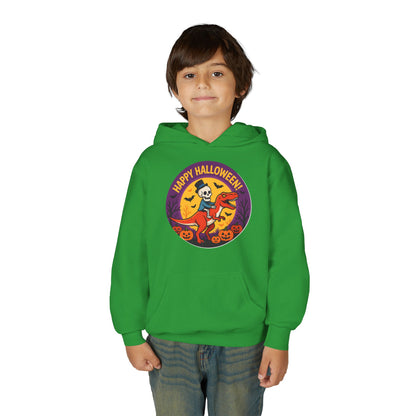 Youth Halloween Hoodie — 'Happy Halloween' Skeleton Riding Dinosaur Kids Sweatshirt