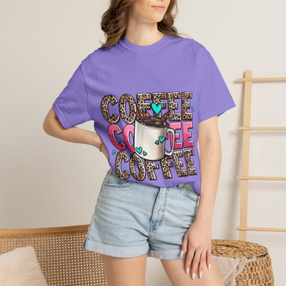 Coffee Lover T-Shirt — Leopard Print & Pink Heart Coffee Mug Design