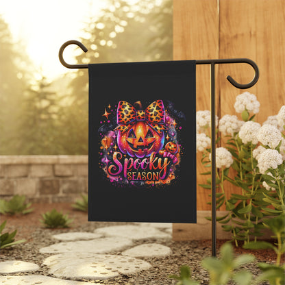 Halloween Garden Flag - "Spooky Season" Pumpkin with Leopard Bow