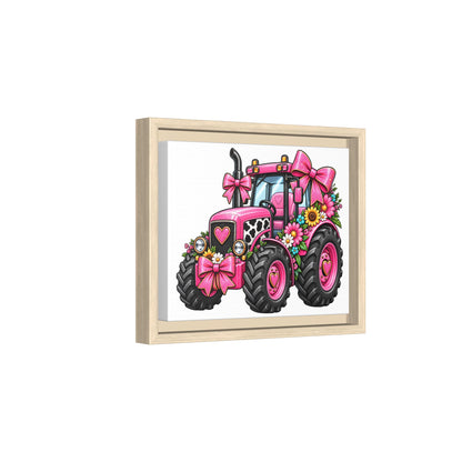 Pink Floral Tractor Matte Canvas Framed Wall Art