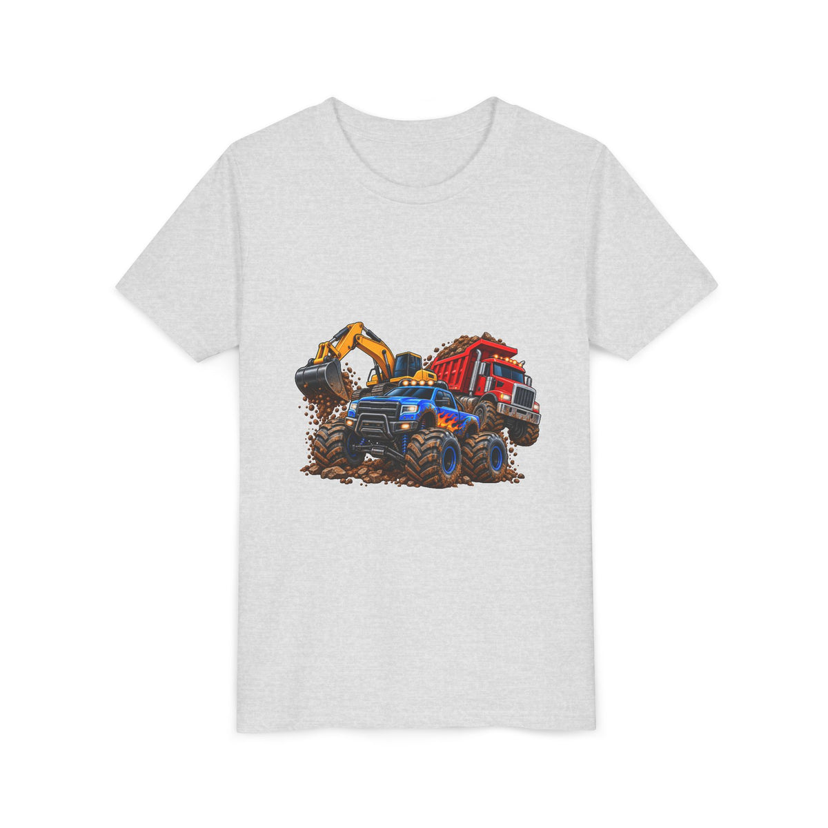 Kids Construction Trucks Tee — Monster Dump Truck & Excavator Graphic Youth Shirt
