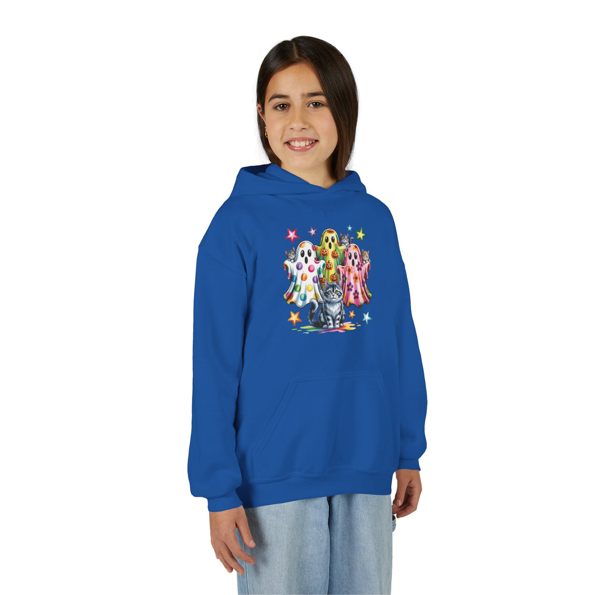 Youth Hoodie — Colorful Polka Dot Ghosts & Cat Halloween Sweatshirt