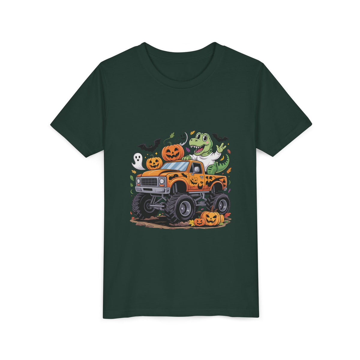 Kids Halloween Monster Truck Tee - Cute Pumpkin, Ghost & Dinosaur Truck Design