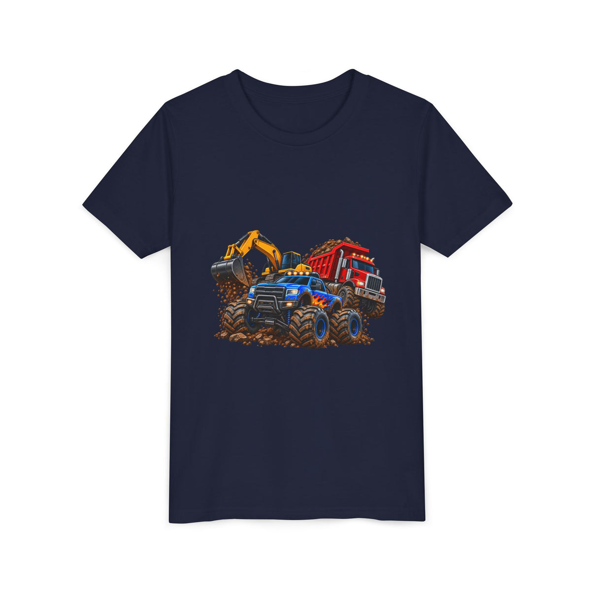 Kids Construction Trucks Tee — Monster Dump Truck & Excavator Graphic Youth Shirt