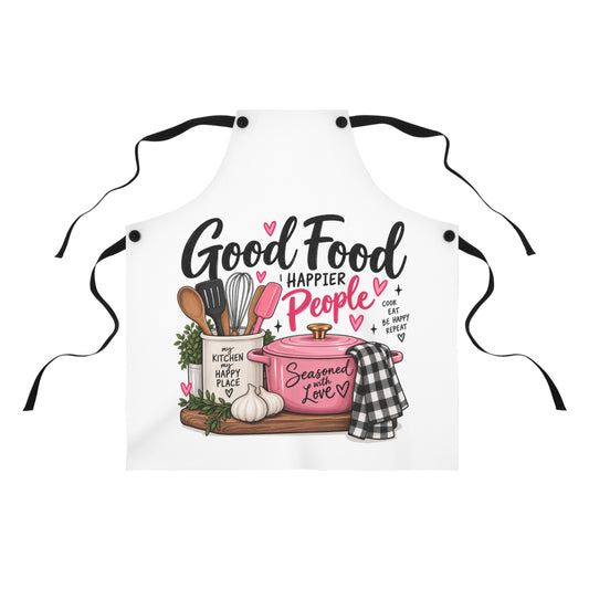 Good Food, Happier People Apron — Cute Kitchen Cooking Apron with Utensils & 'Seasoned with Love' Design