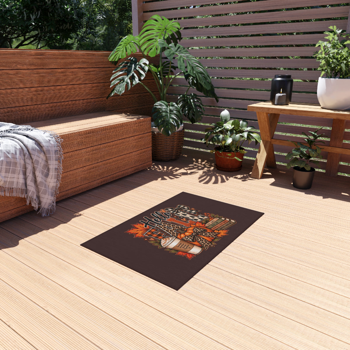 Hello Fall Outdoor Rug — Cozy Autumn Coffee & Leaves Doormat