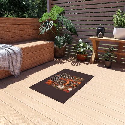 Hello Fall Outdoor Rug — Cozy Autumn Coffee & Leaves Doormat