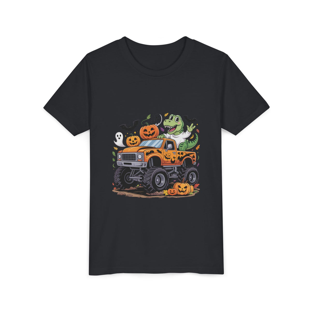 Kids Halloween Monster Truck Tee - Cute Pumpkin, Ghost & Dinosaur Truck Design