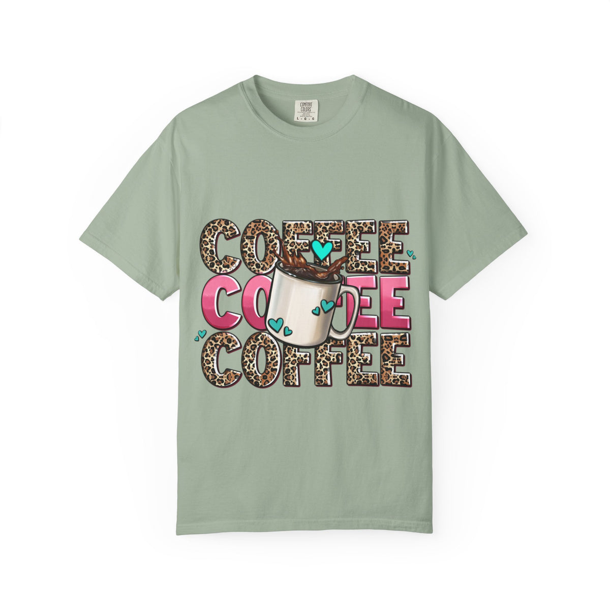 Coffee Lover T-Shirt — Leopard Print & Pink Heart Coffee Mug Design