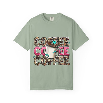 Coffee Lover T-Shirt — Leopard Print & Pink Heart Coffee Mug Design
