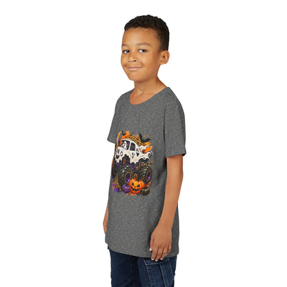 Kids Halloween Monster Truck Tee — Spooky Skull Van with Pumpkin Graphic
