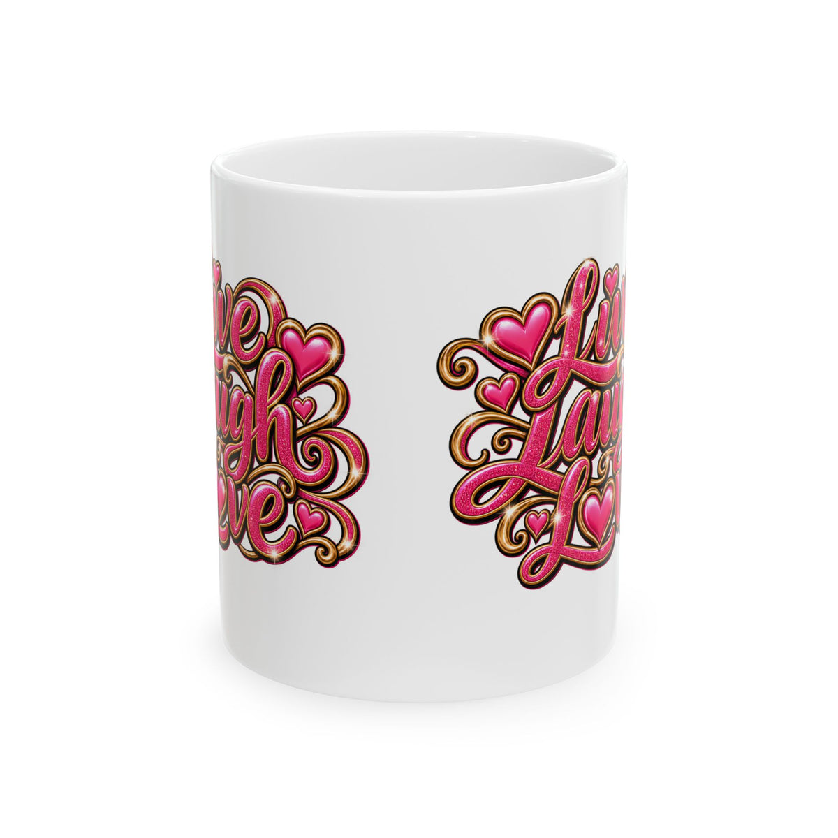 Love Laugh Live Ceramic Mug — Pink Heart Script (11oz & 15oz)