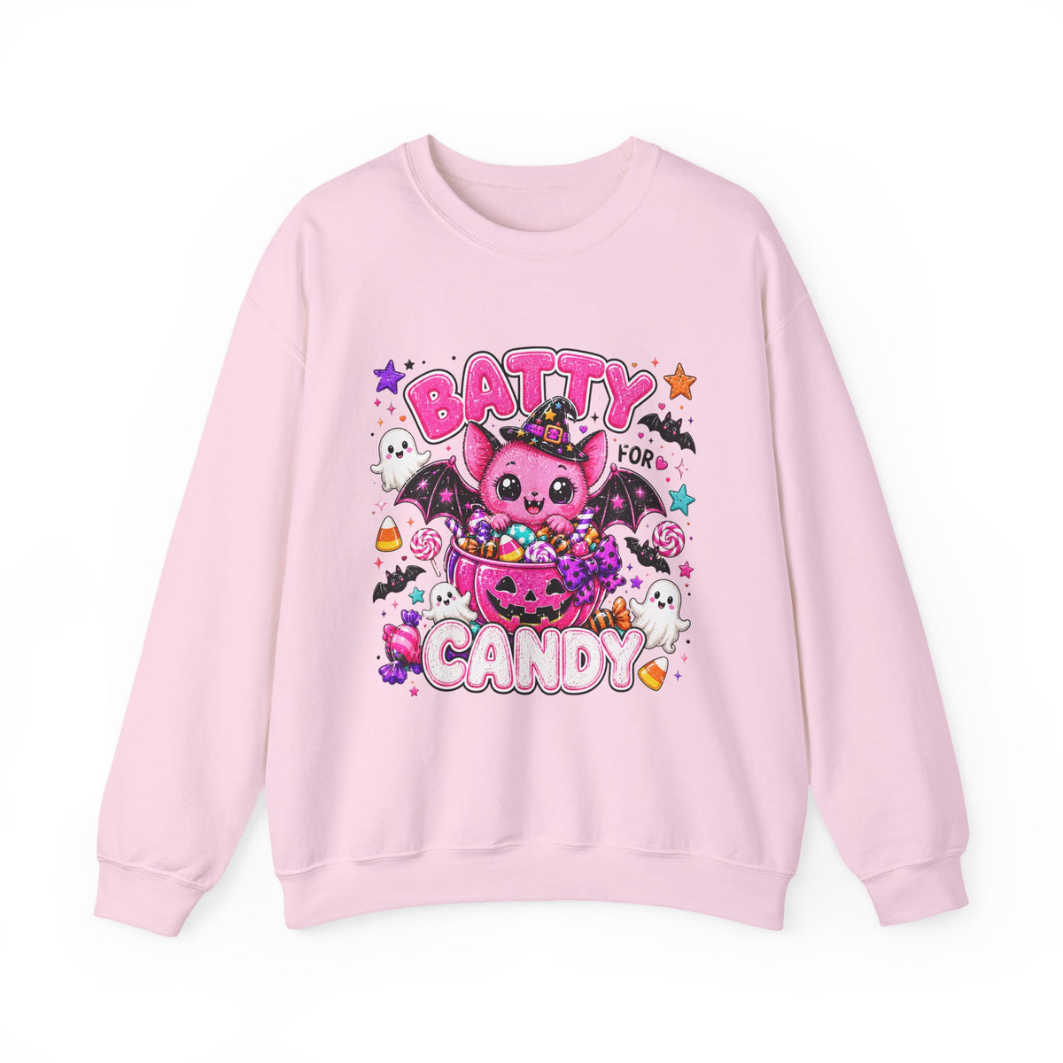 Batty for Candy Sweatshirt — Cute Pink Halloween Bat Crewneck