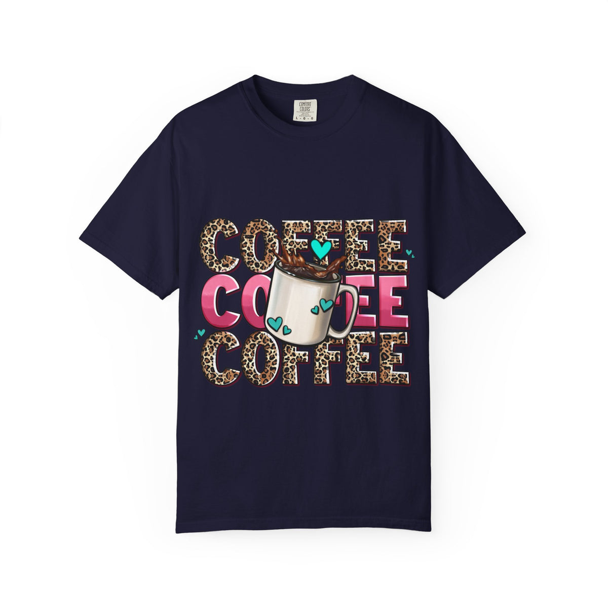 Coffee Lover T-Shirt — Leopard Print & Pink Heart Coffee Mug Design