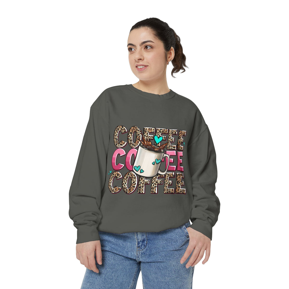 Coffee Leopard Print Sweatshirt — Cute Mug Graphic Coffee Lover Pullover