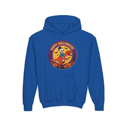 Youth Halloween Hoodie — 'Happy Halloween' Skeleton Riding Dinosaur Kids Sweatshirt