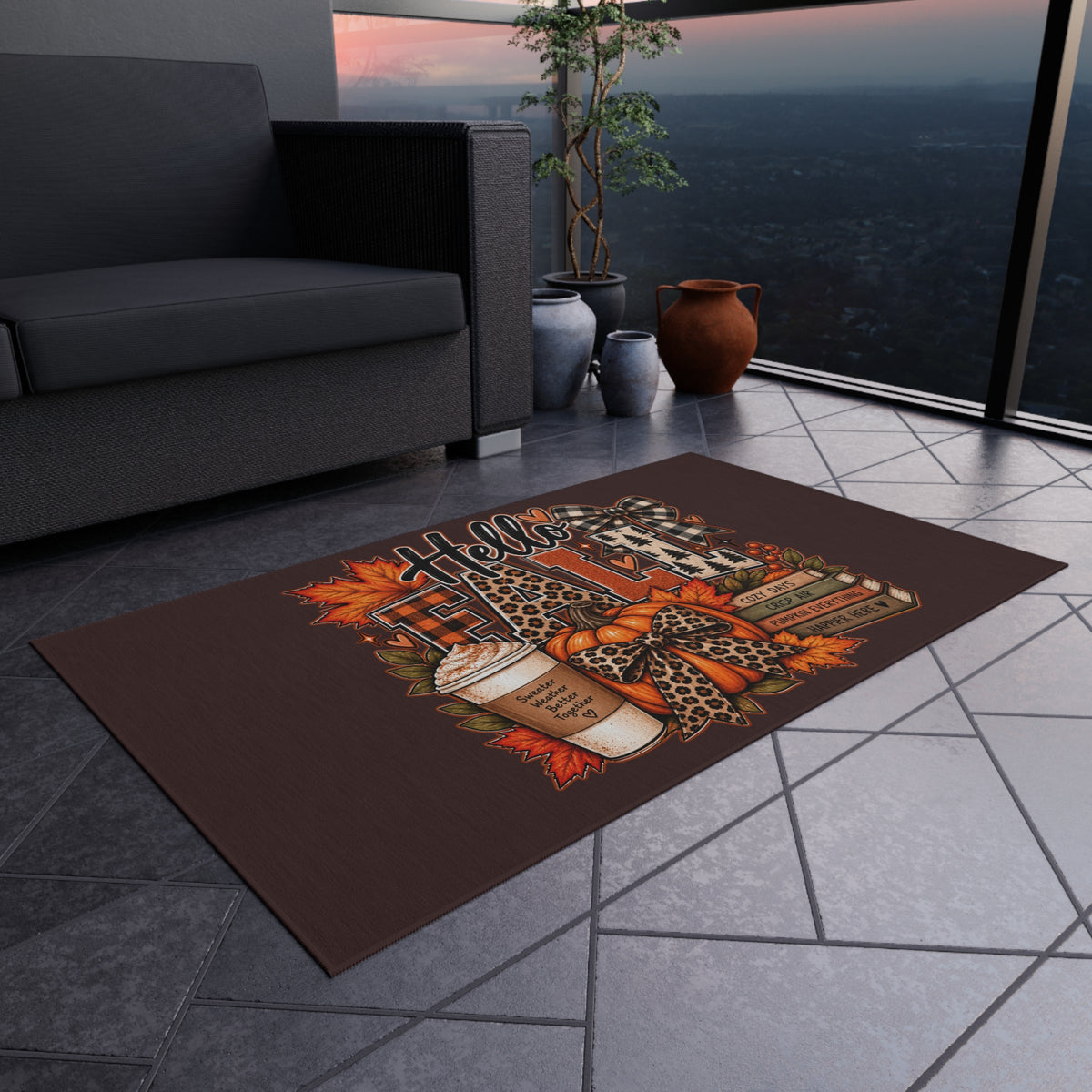 Hello Fall Outdoor Rug — Cozy Autumn Coffee & Leaves Doormat