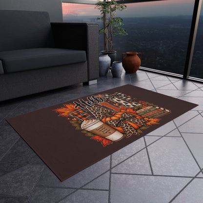 Hello Fall Outdoor Rug — Cozy Autumn Coffee & Leaves Doormat