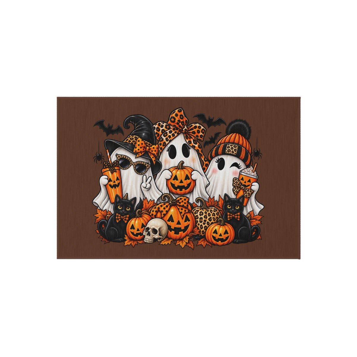 Halloween Ghosts Outdoor Rug — Cute Ghosts, Pumpkins & Black Cats Porch Mat