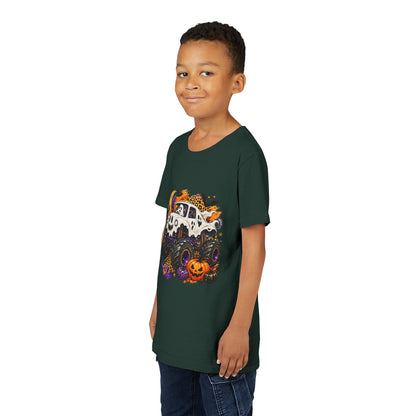Kids Halloween Monster Truck Tee — Spooky Skull Van with Pumpkin Graphic