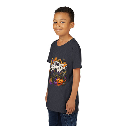 Kids Halloween Monster Truck Tee — Spooky Skull Van with Pumpkin Graphic