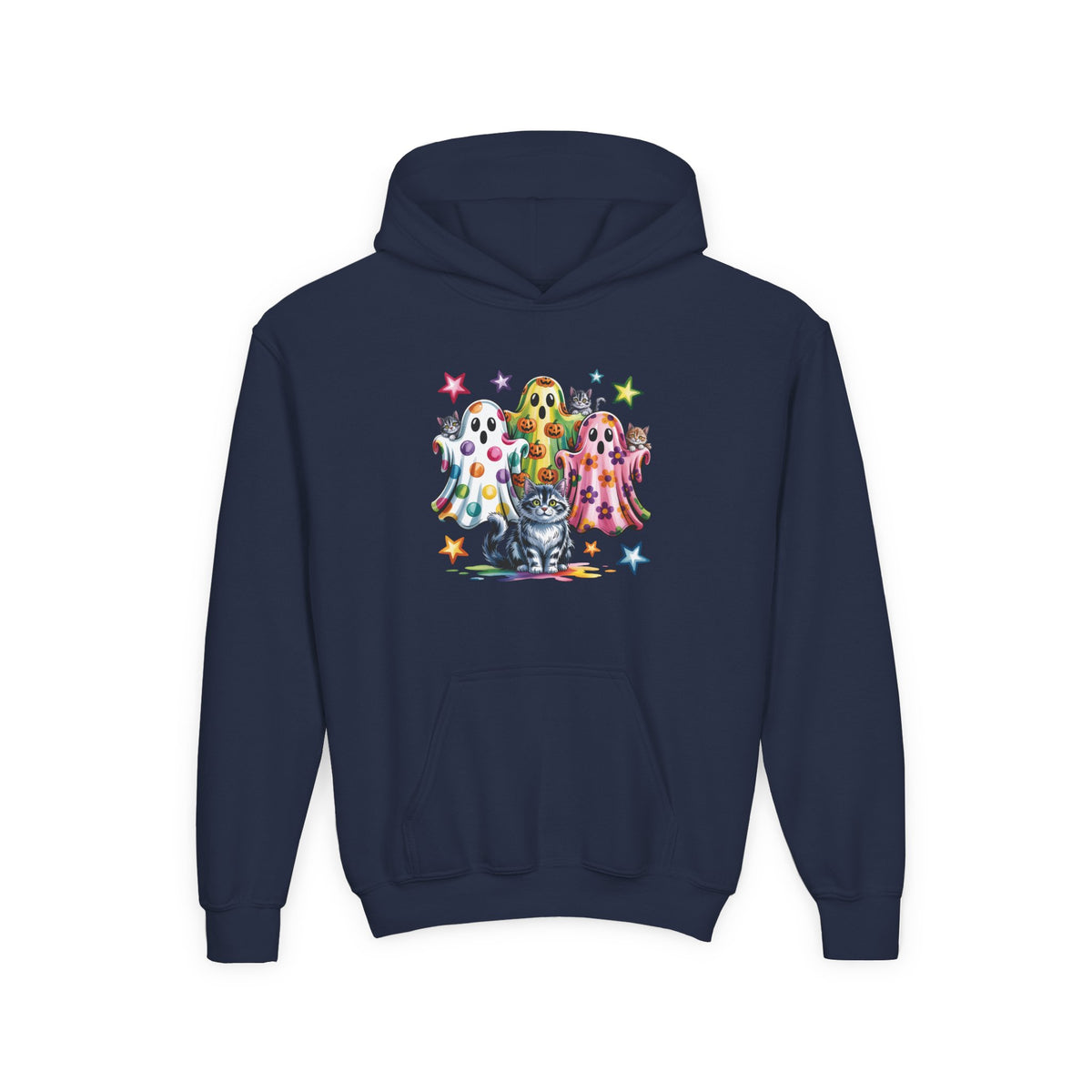 Youth Hoodie — Colorful Polka Dot Ghosts & Cat Halloween Sweatshirt