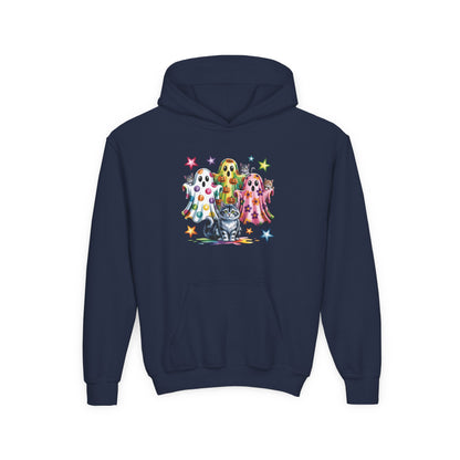 Youth Hoodie — Colorful Polka Dot Ghosts & Cat Halloween Sweatshirt